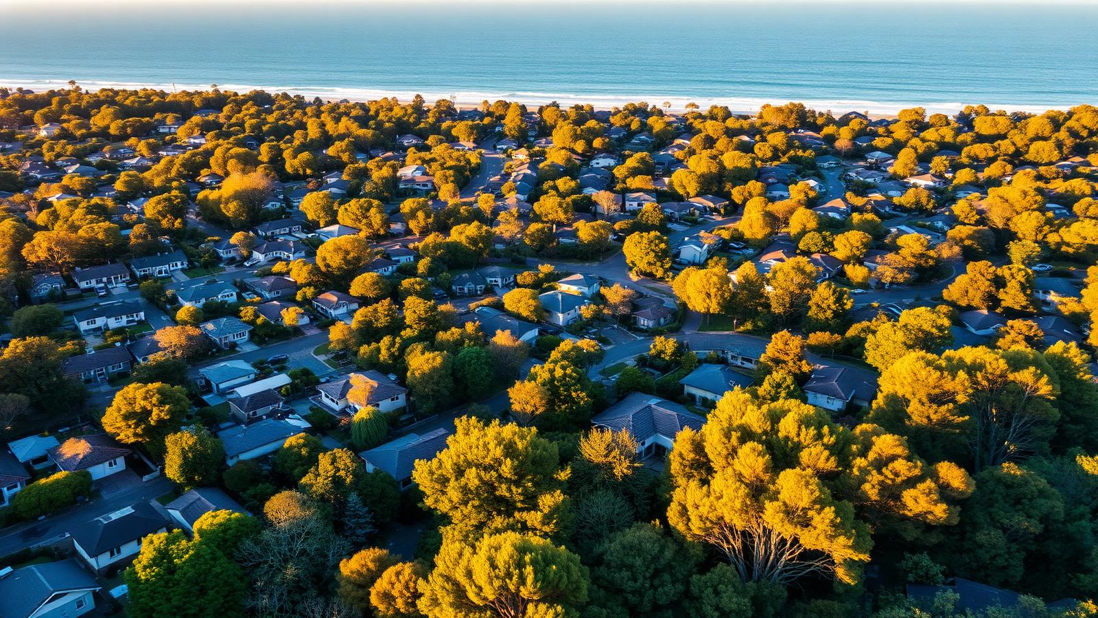 Aerial view of an Australian coastal suburb at golden hour